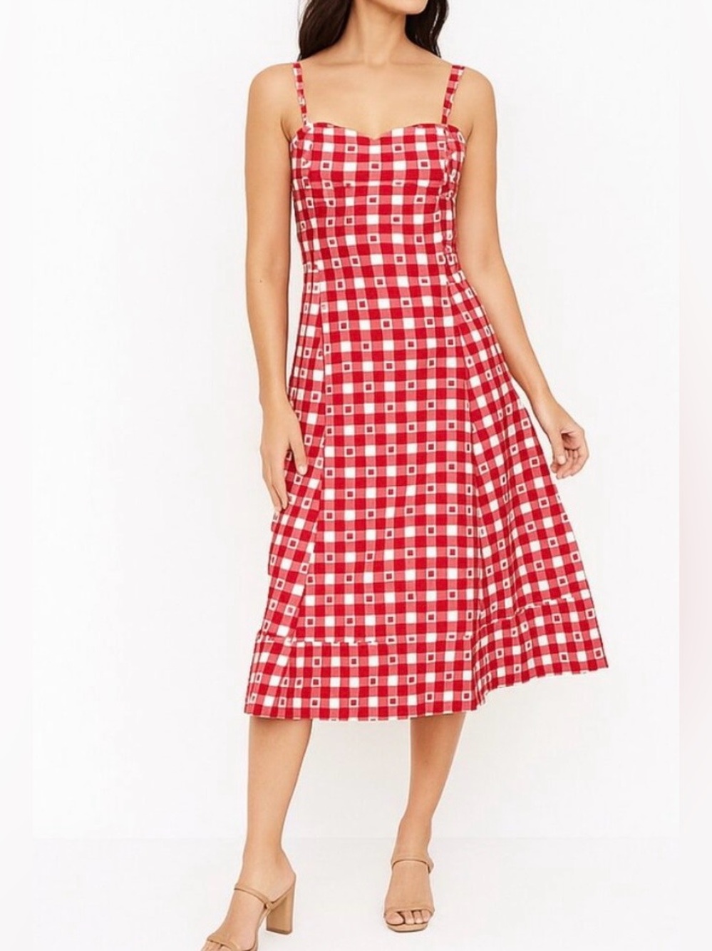 Avec Les Filles Red and White Cherry Gingham Midi Dress. Size 8.